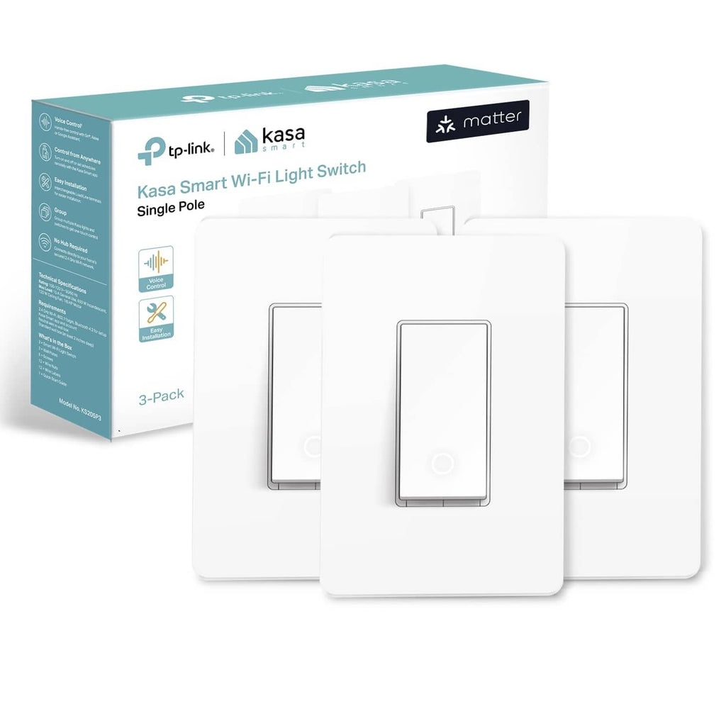 White single-pole smart Wi-Fi light switch 3-pack with Kasa Matter packaging