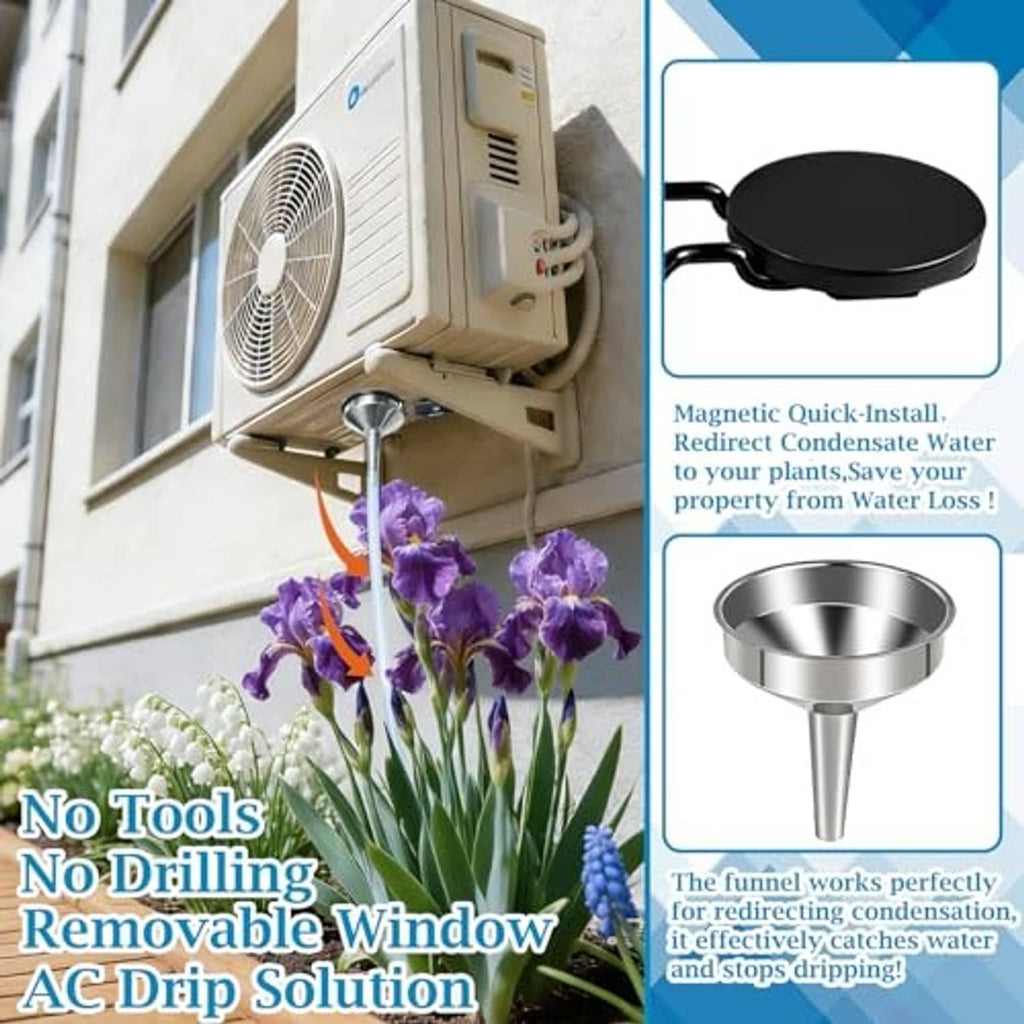 Magnetic AC drain redirector funnel with black magnetic base attached at window air conditioner