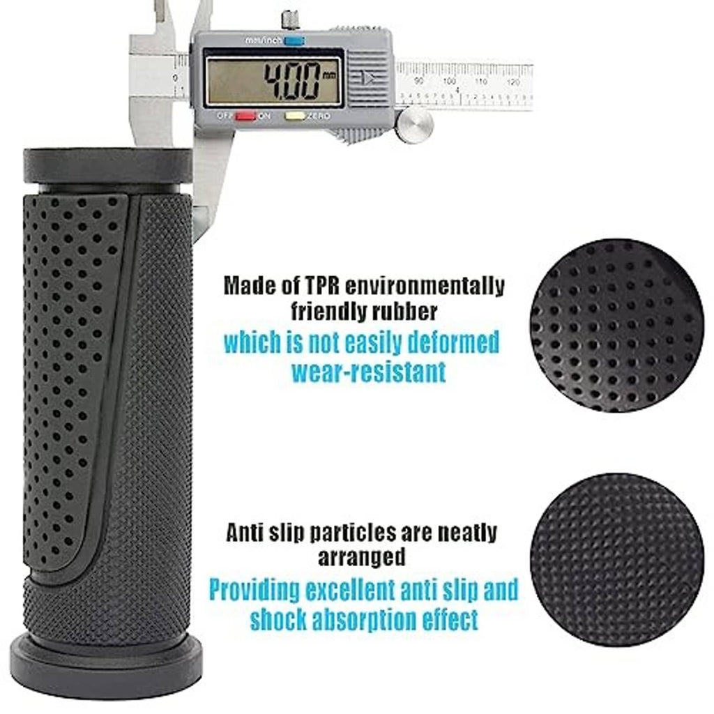 Black TPR bike handlebar grips with textured surface and round perforations