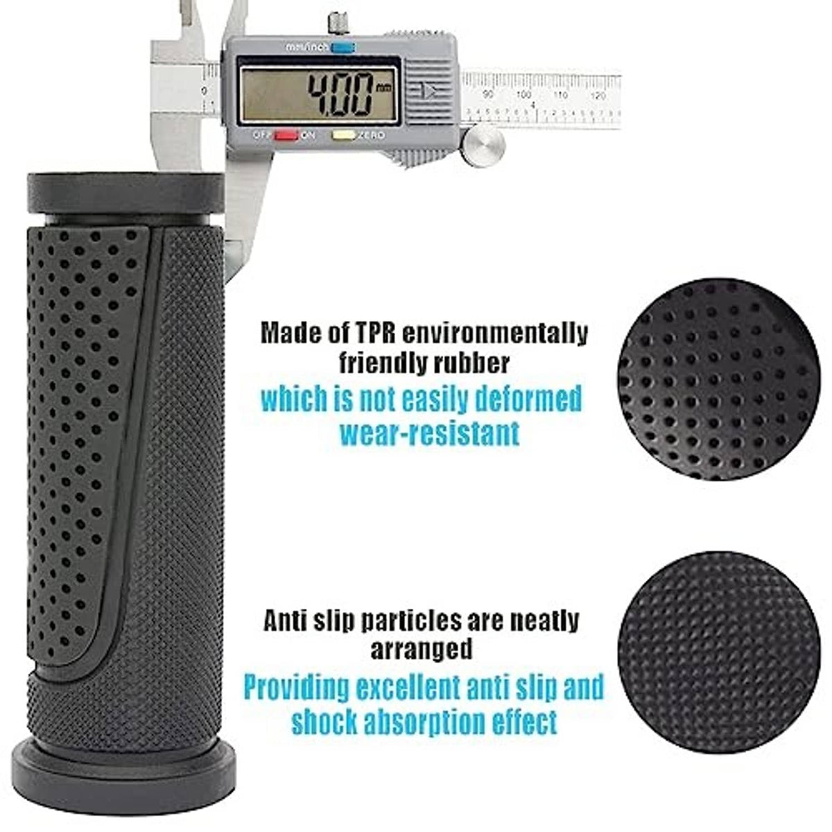 Black TPR bike handlebar grips with textured surface and round perforations