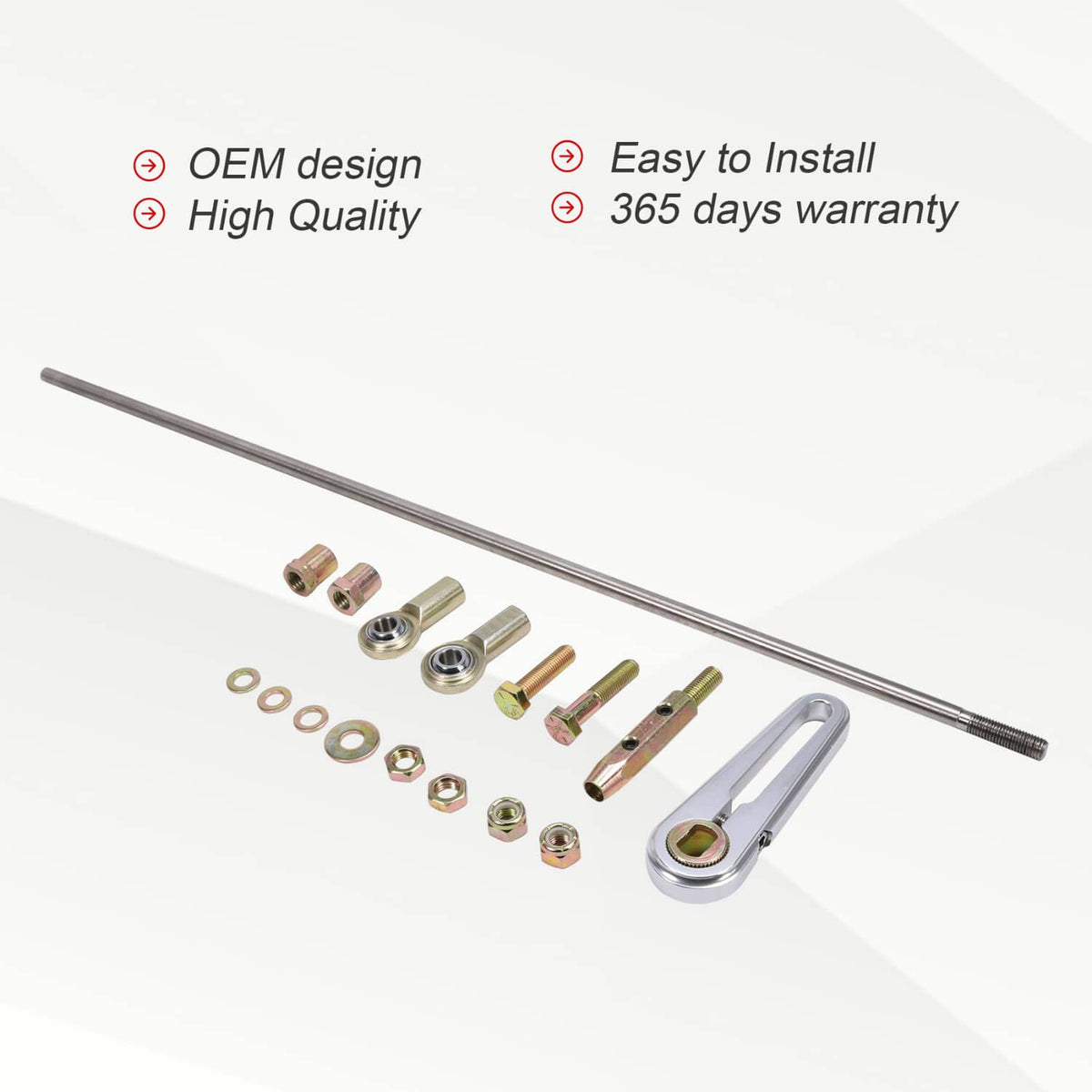 Universal adjustable column shift linkage kit with long rod, brackets, and washers