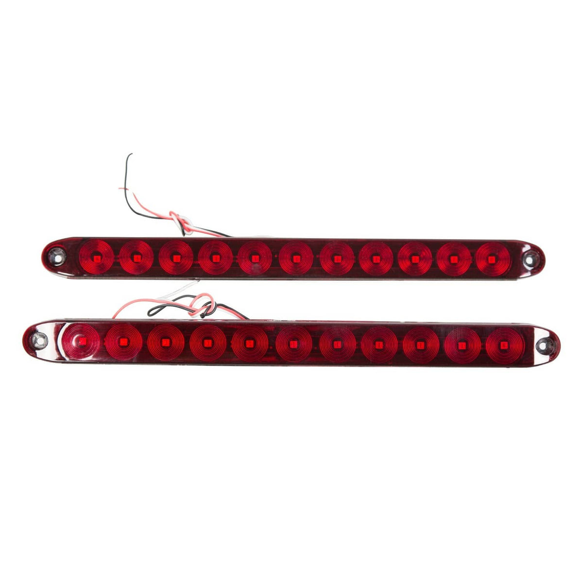 Red LED trailer light bar strips, front and back angles with wiring pigtails