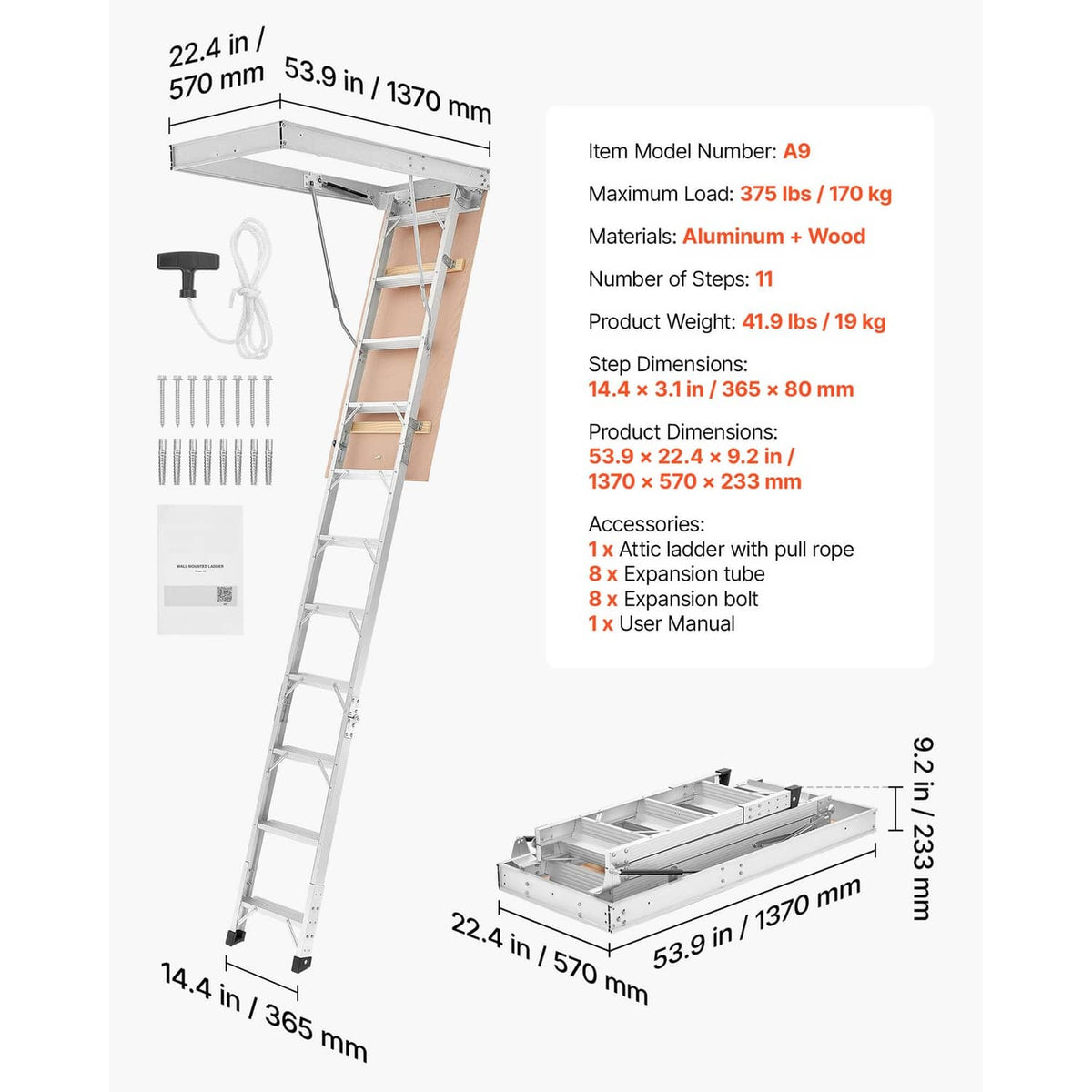 Aluminum folding attic ladder with extendable rails and pull-rope operation