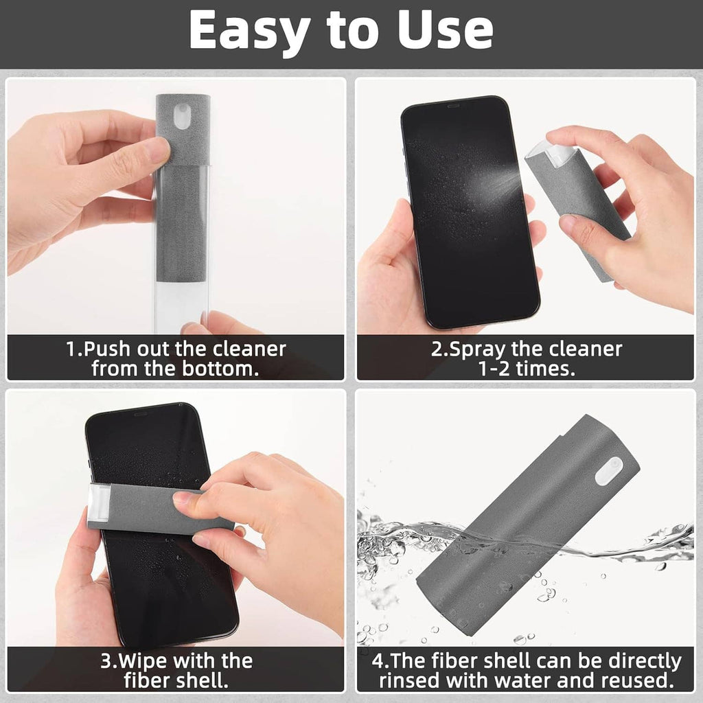 Screen cleaner microfiber case and spray bottle being used on a dark phone screen