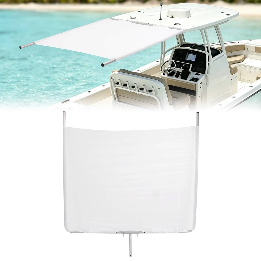 Aluminium boat sun shade with white fabric canopy and silver support poles