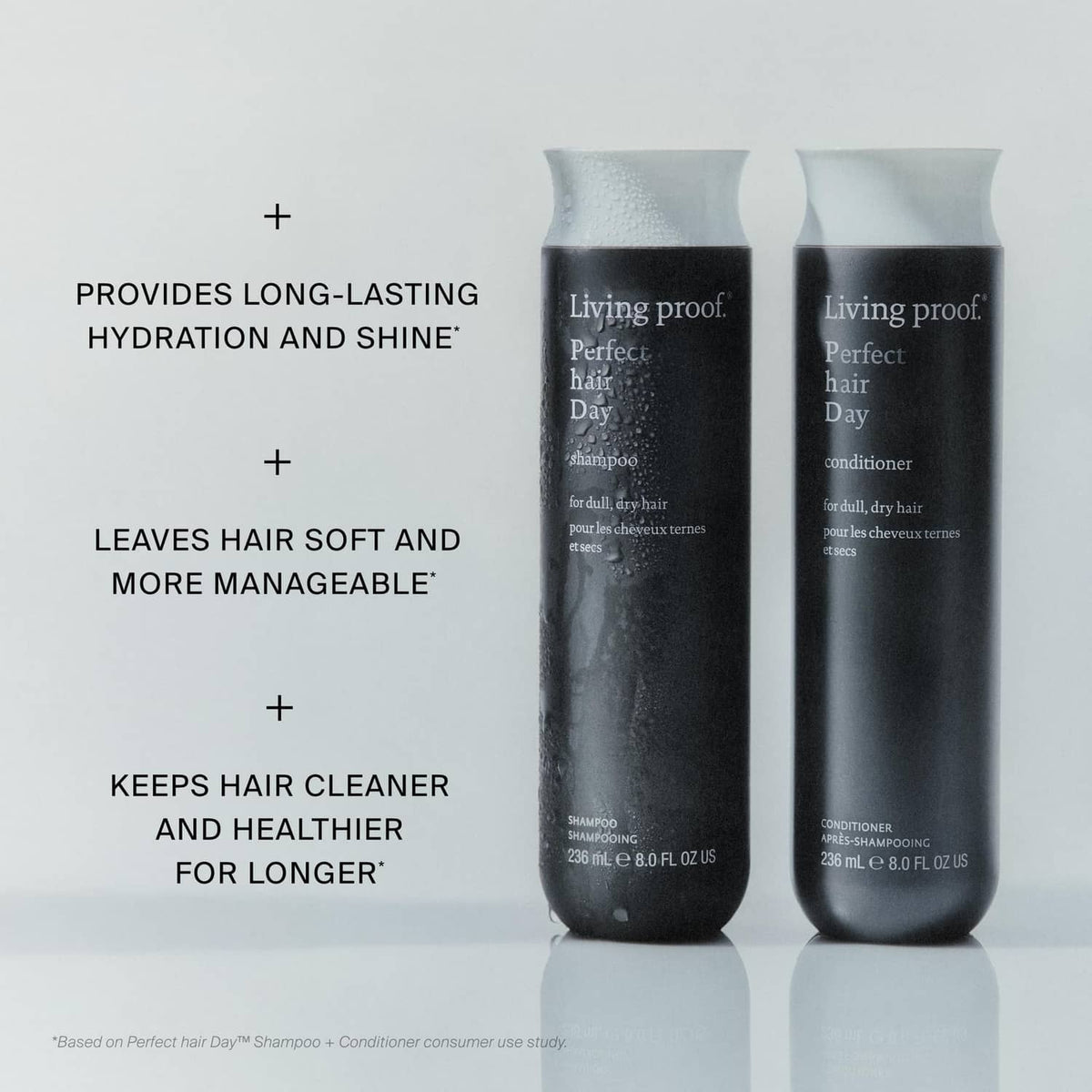 Living proof Perfect hair Day shampoo and conditioner bottles, dark gray pair