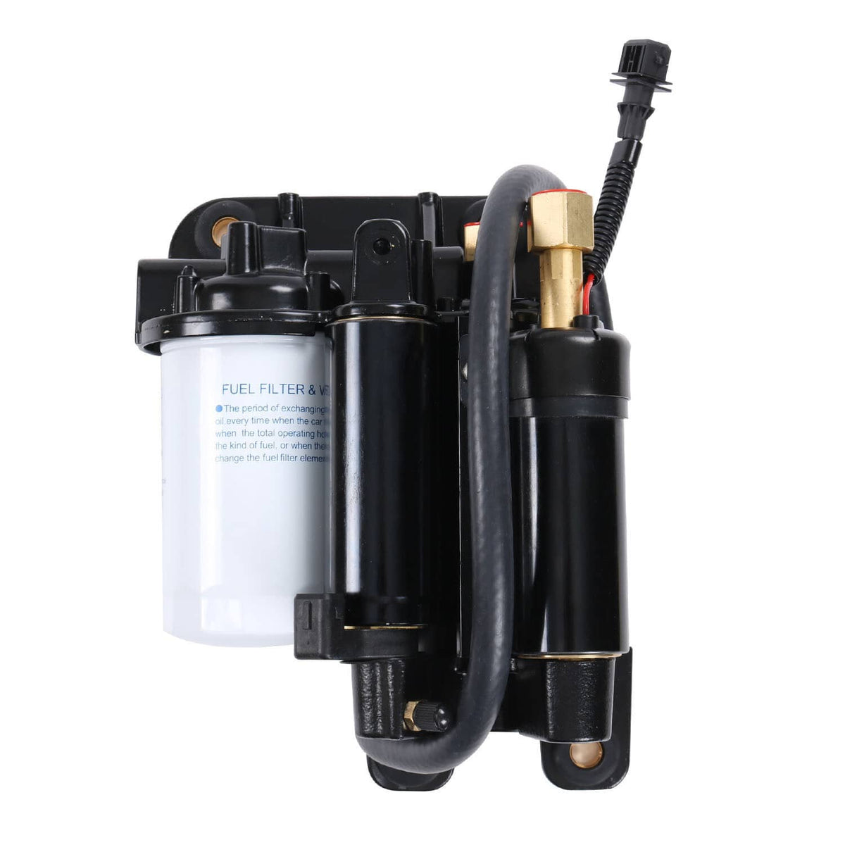 Electric fuel pump assembly with black body, fuel filter canister, and wiring harness