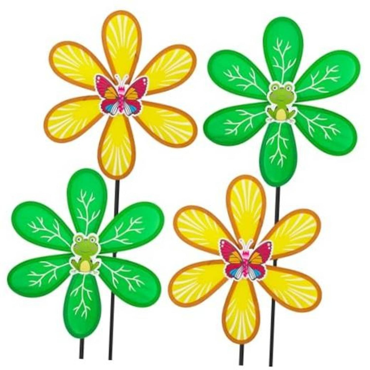 Set of four garden wind spinners with green and yellow petals and butterfly centers