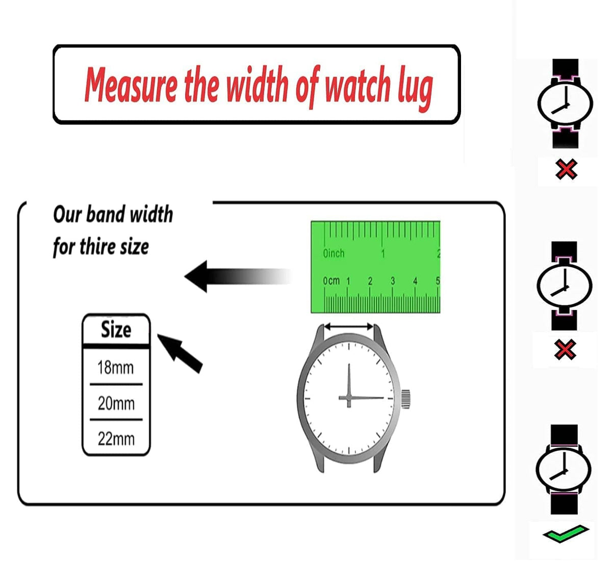 18mm watch band sizing guide diagram for stainless steel mesh strap