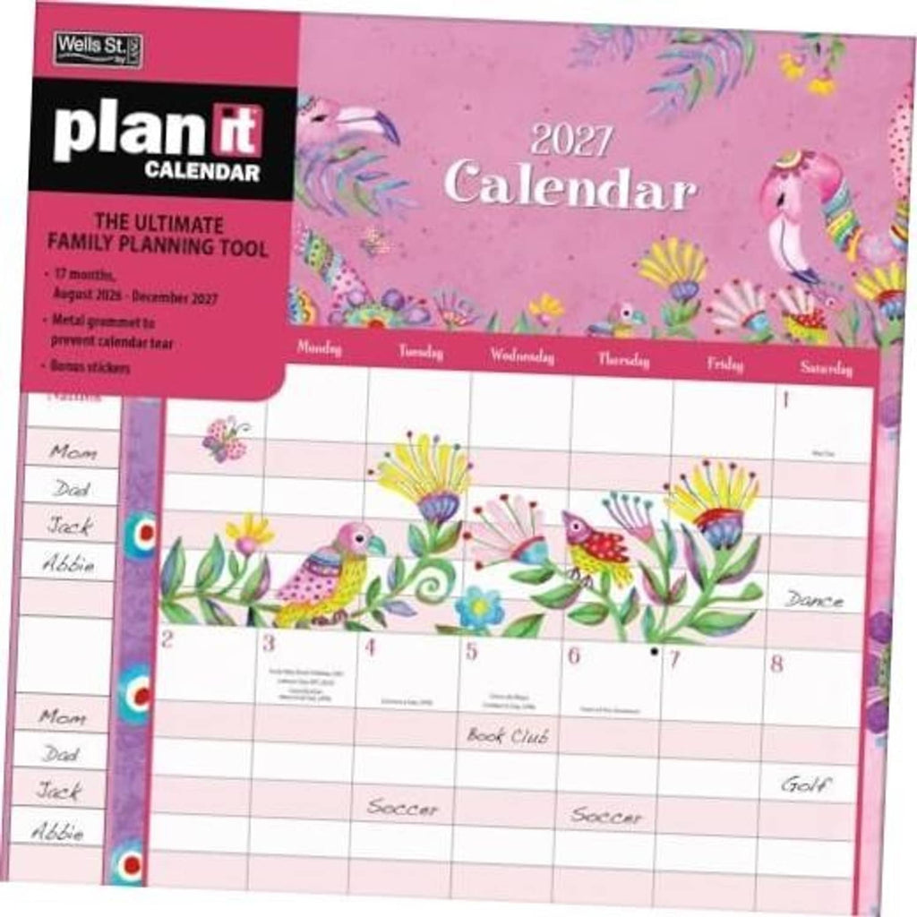 2027 wall calendar with colorful birds and flowers on a pink monthly grid