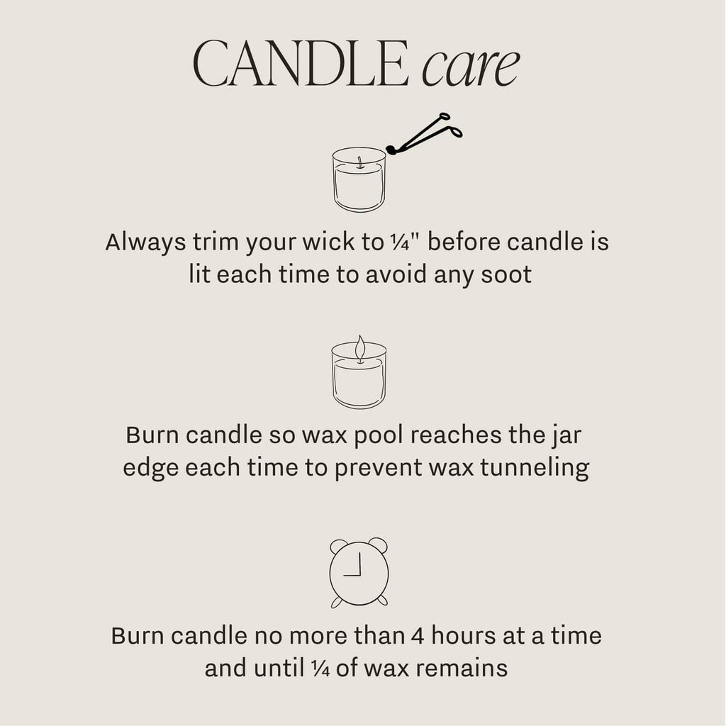 Candle care infographic with wick-trim and burn-time instructions for jar candles