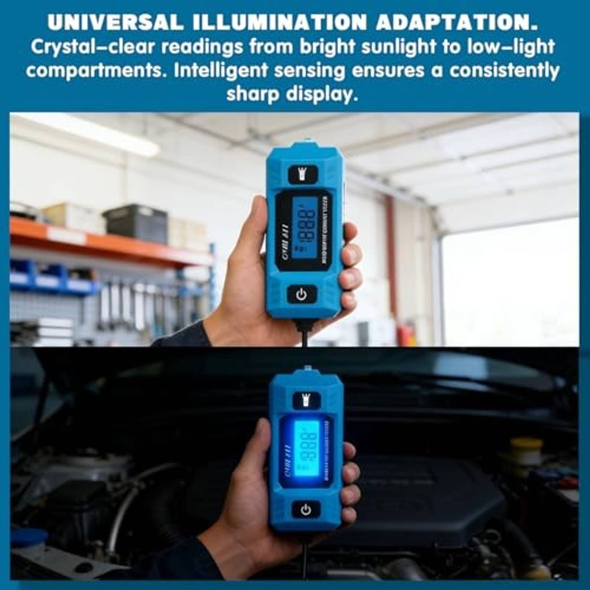 Blue circuit fault tester in hand with bright blue lit display