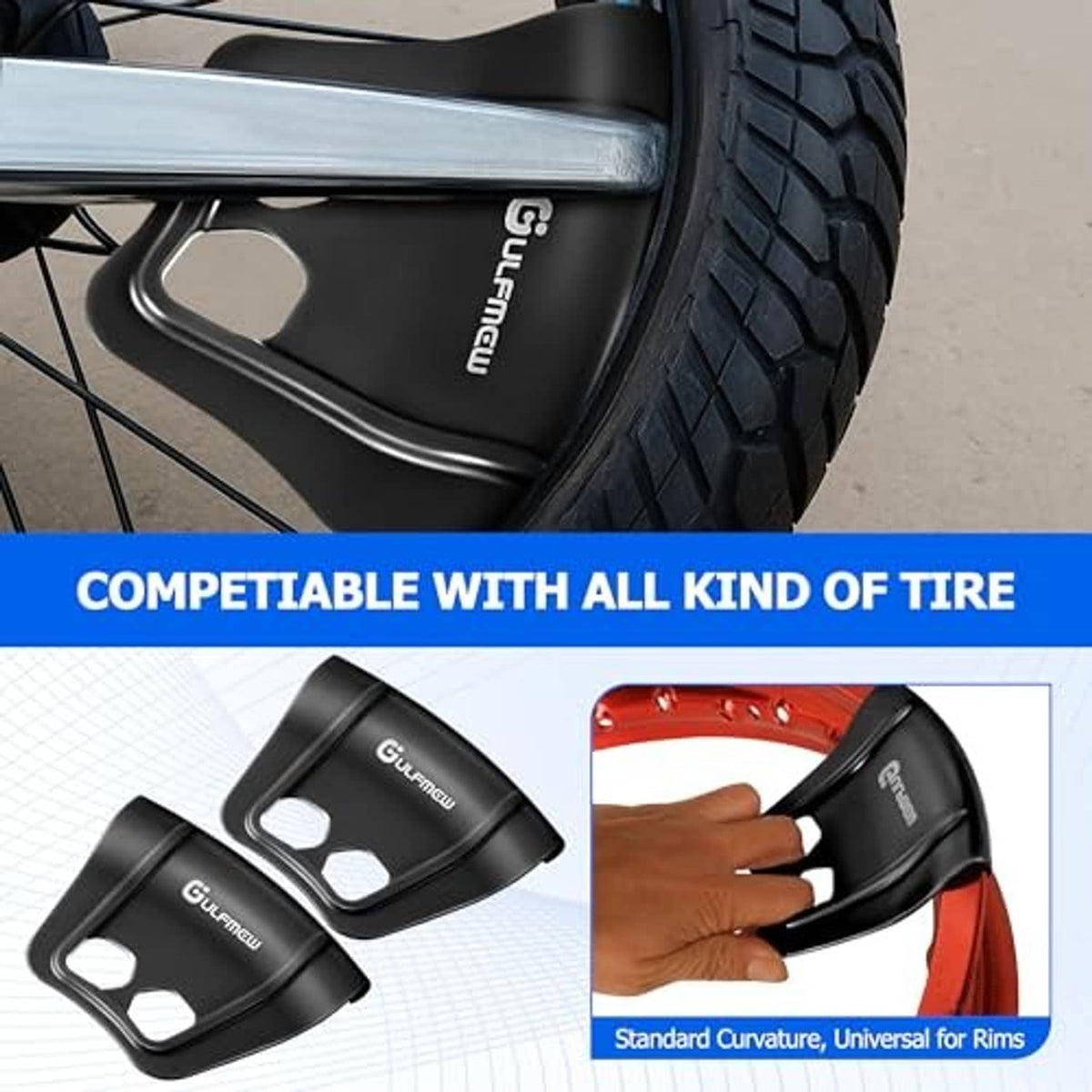 Black wheel rim protector with oval cutout, mounted near tire tread on a wheel.