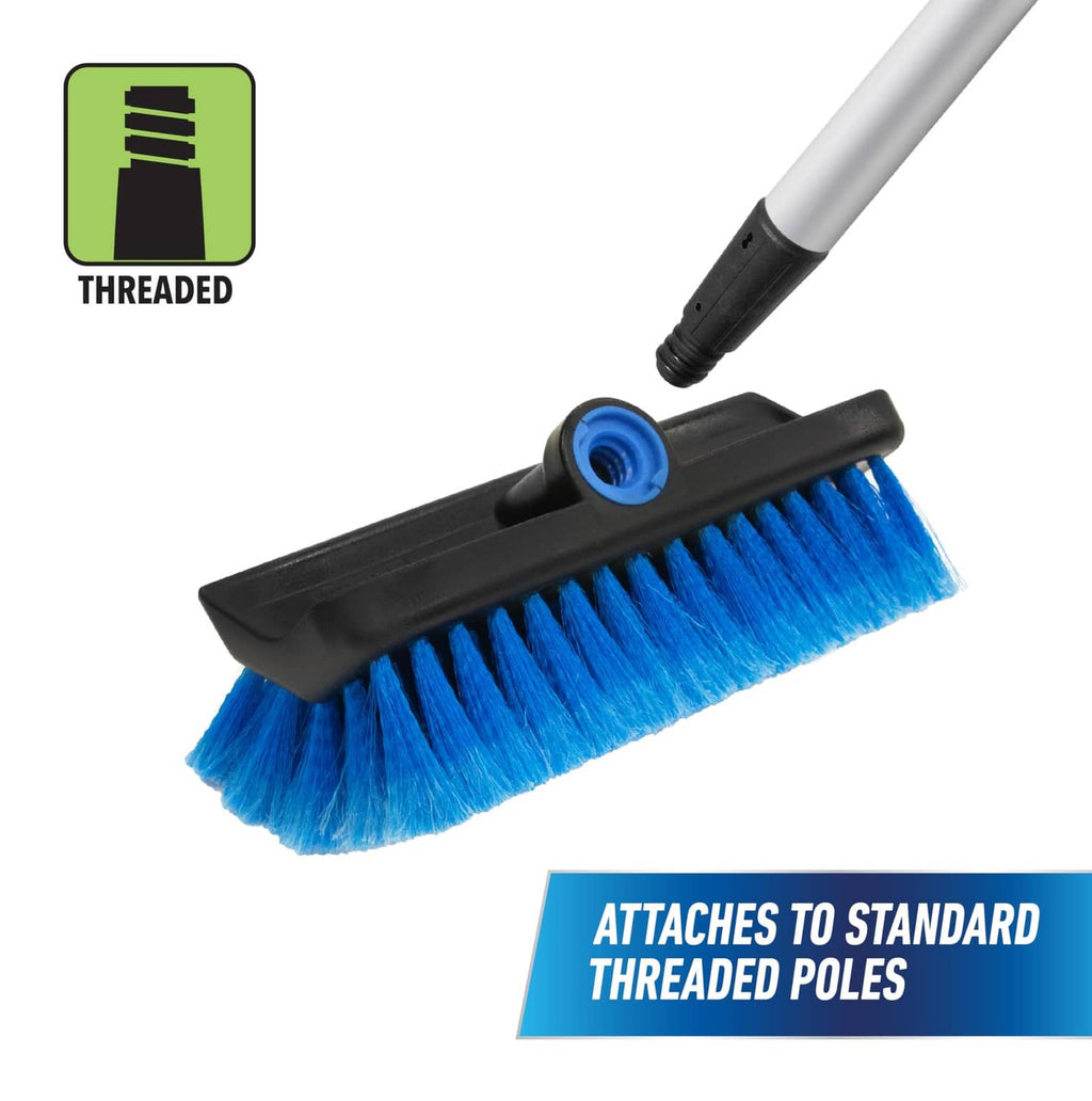 Threaded lock-on brush head with blue bristles attached to a pole