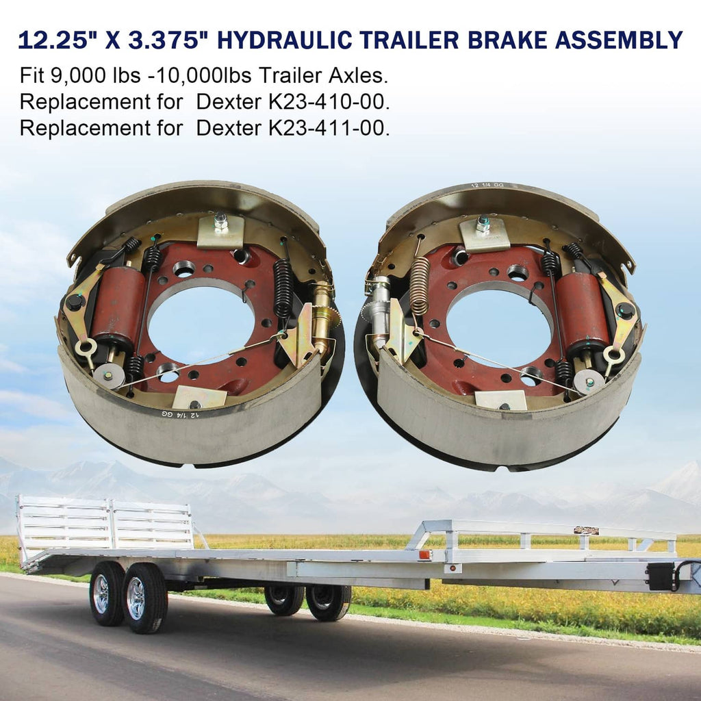 Hydraulic trailer brake assembly, two views, red backing plate and mounting hardware