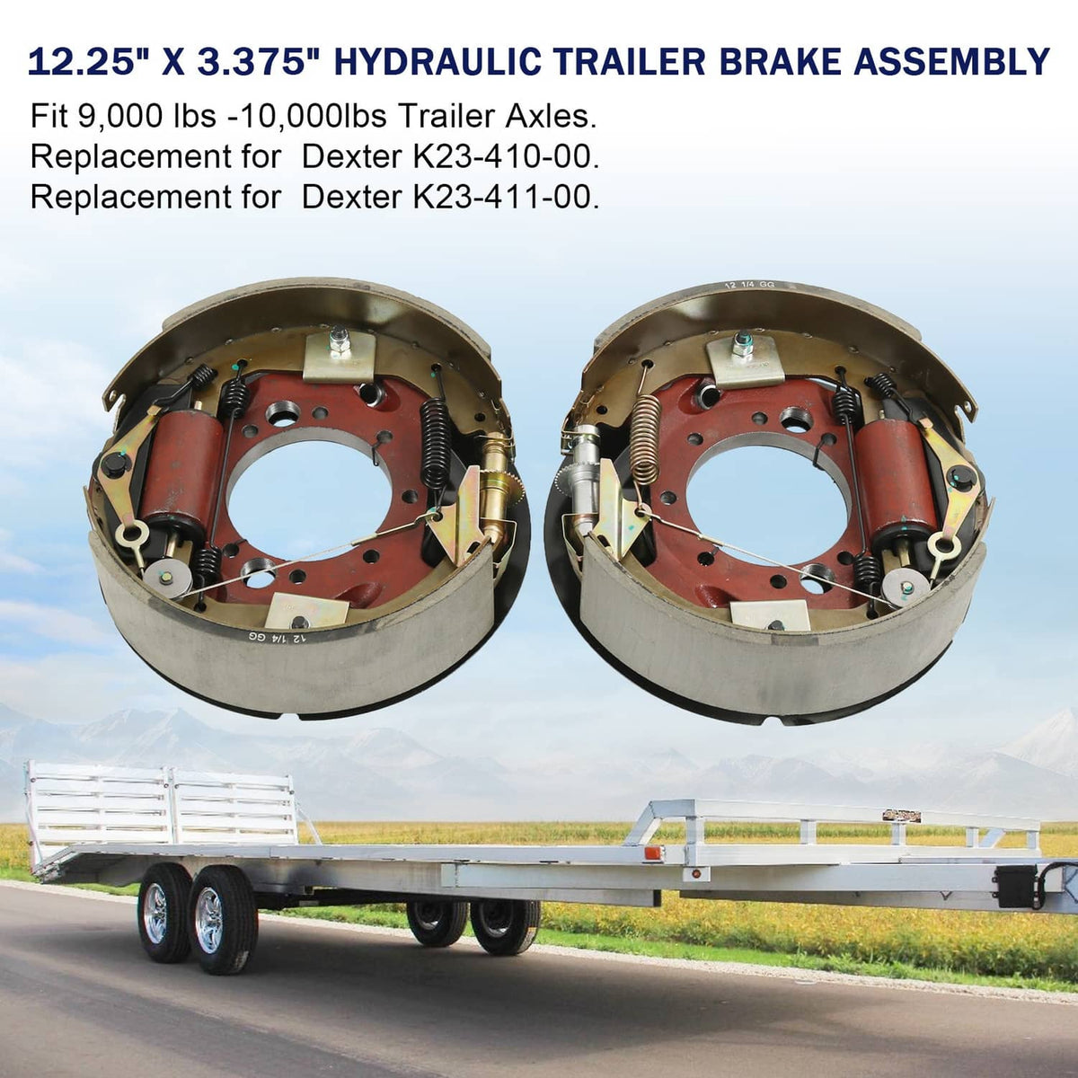 Hydraulic trailer brake assembly, two views, red backing plate and mounting hardware
