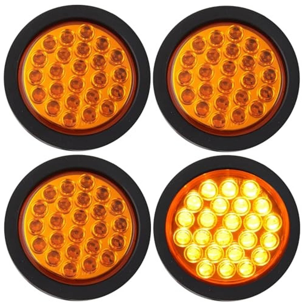Four round amber LED trailer strobe lights, black bezels, two shown lit