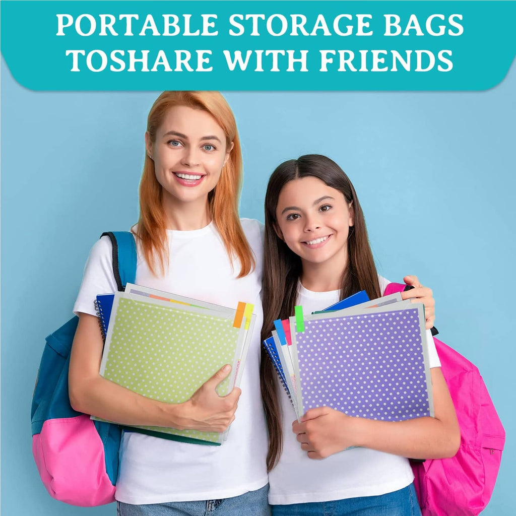 Portable clear scrapbook paper storage bags with frosted pockets and colored index tabs
