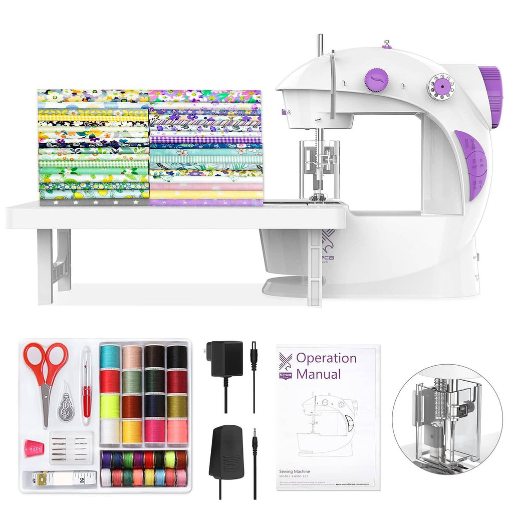 White and purple beginner sewing machine with fabric tray and accessory kit