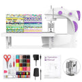 White and purple beginner sewing machine with fabric tray and accessory kit