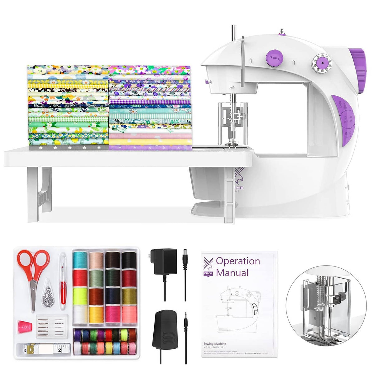 White and purple beginner sewing machine with fabric tray and accessory kit