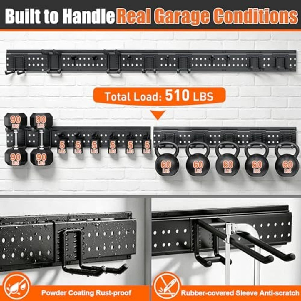 Black wall tool organizer with rails, swing hooks, and hanging weights