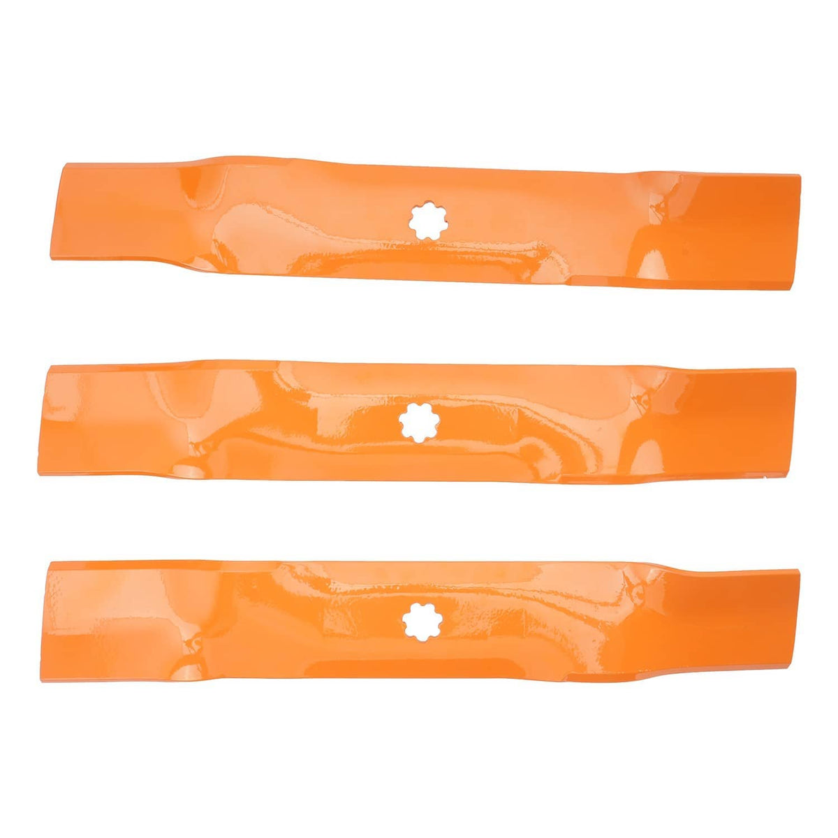 Set of three orange mower deck blades with center mounting holes