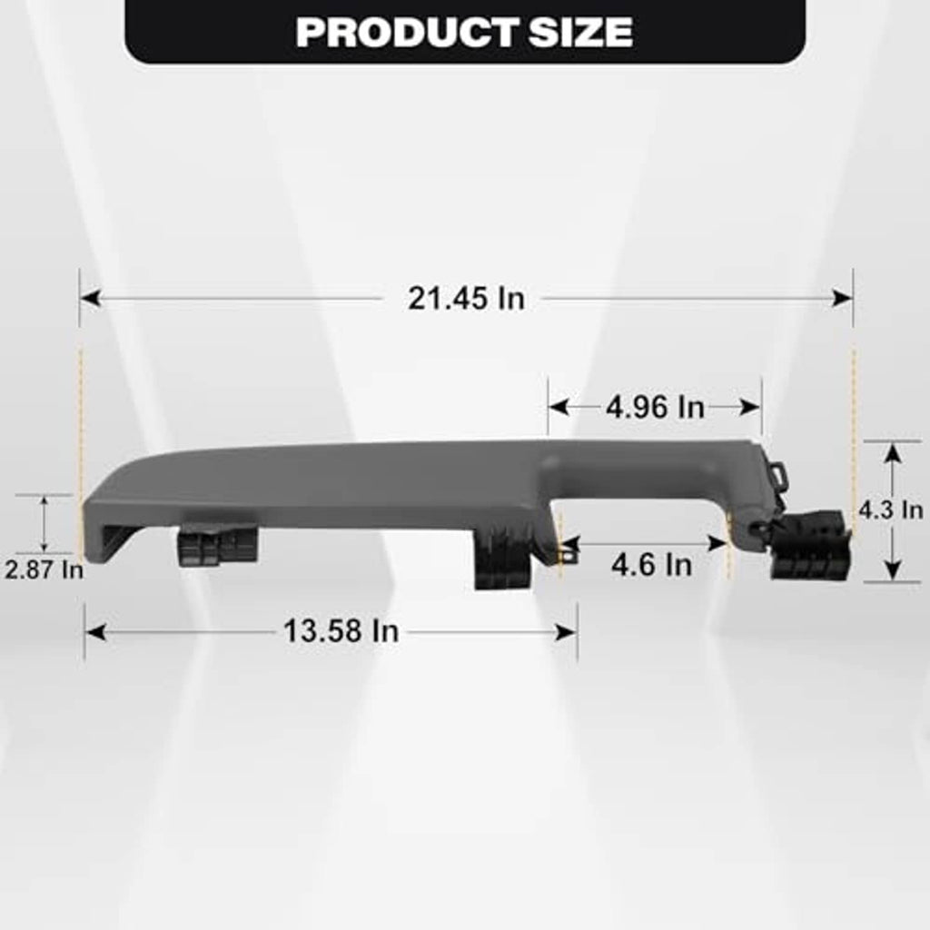Light gray armrest handle with mounting ends shown on product size diagram