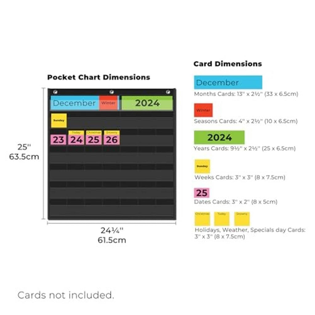 Black pocket calendar chart size diagram with card and date dimensions