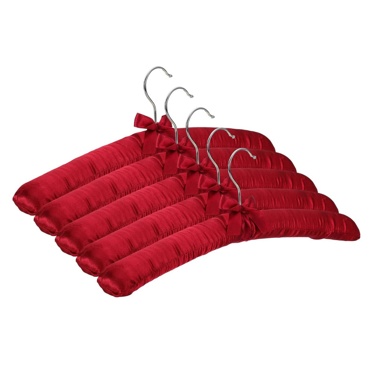 Set of 5 wine red satin padded hangers with curved hooks and fabric bows