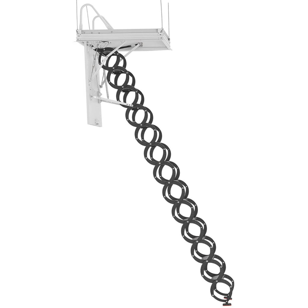 Ceiling attic ladder extended with black circular steps and white support frame