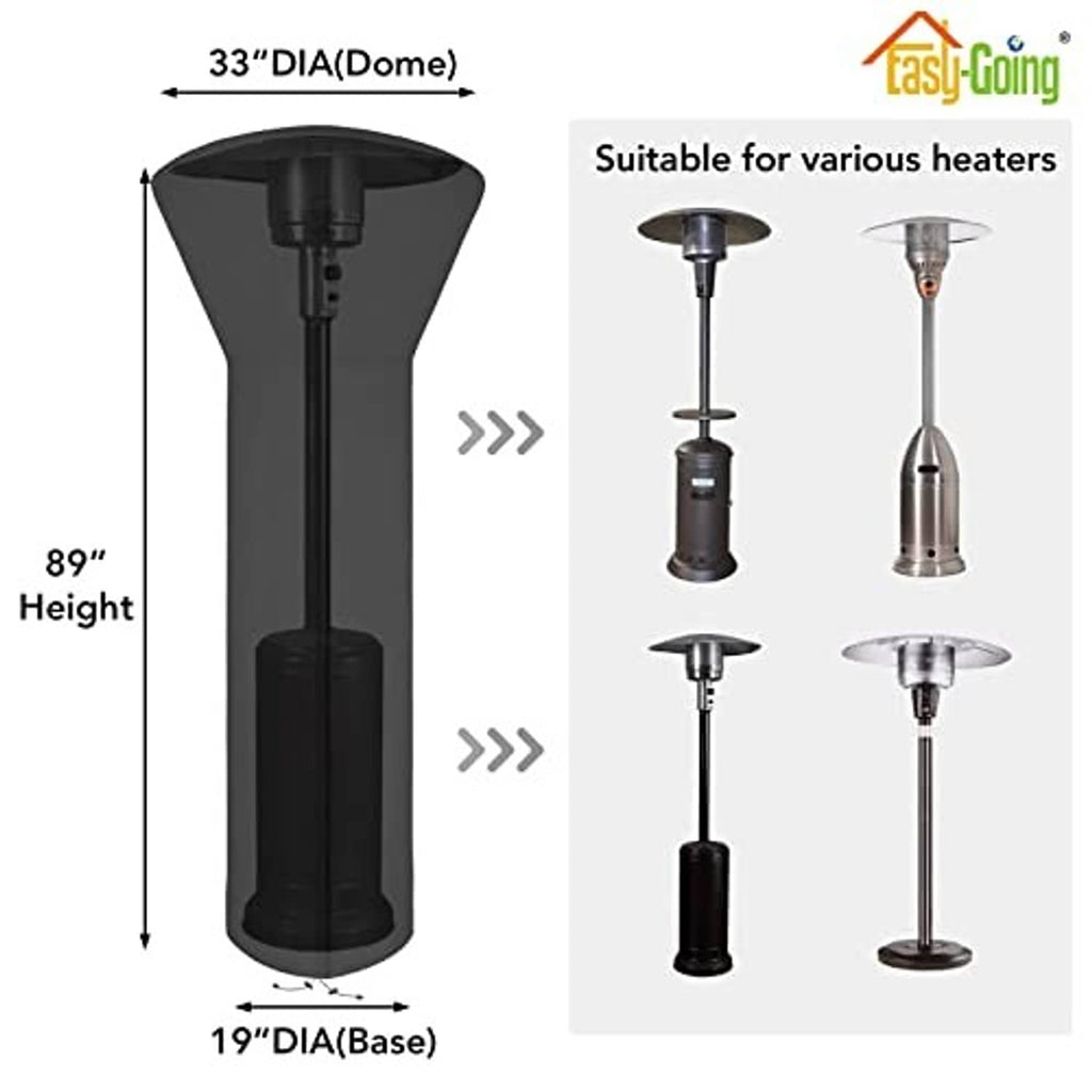 Black patio heater cover, 89 in height with 19 in base and 33 in dome fit.