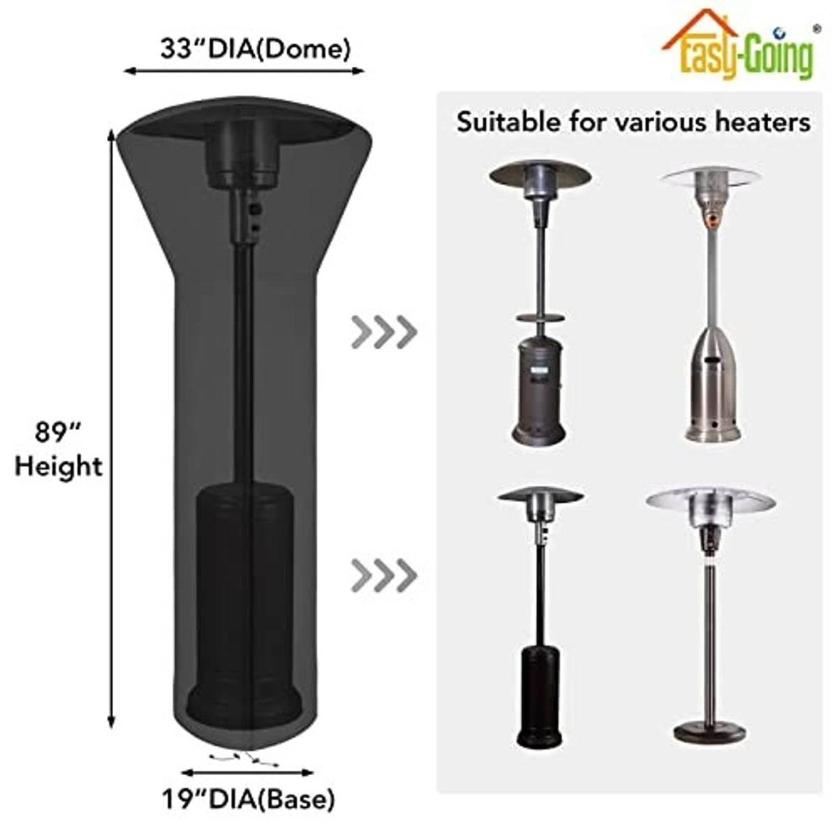 Black patio heater cover, 89 in height with 19 in base and 33 in dome fit.