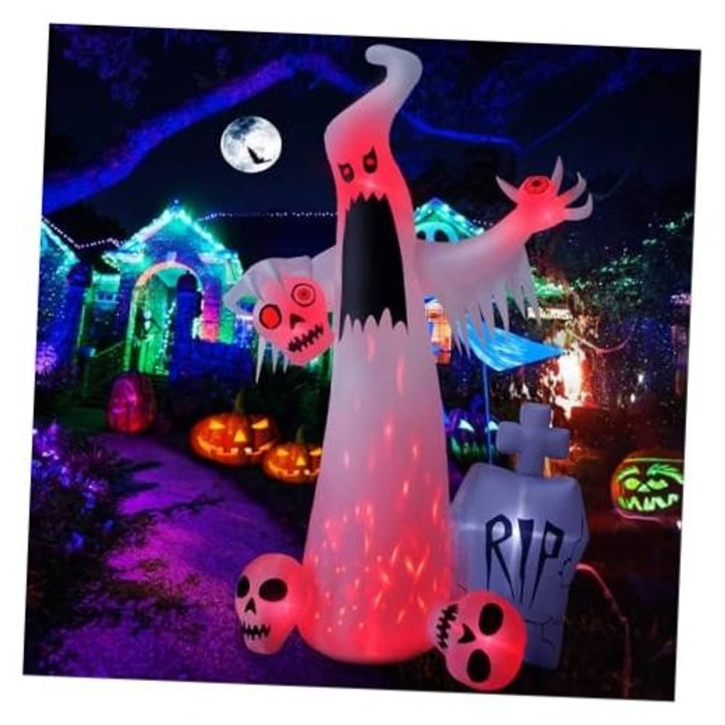 12 ft Halloween ghost inflatable with red skull face, glowing body, and RIP tombstones