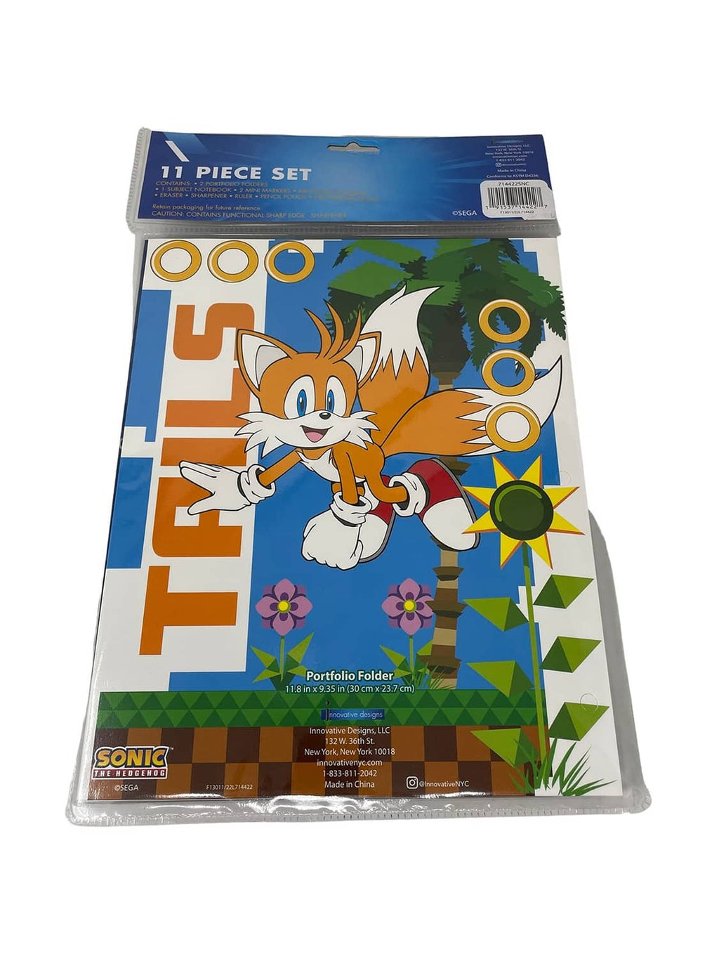 Sonic 11-piece kids backpack accessories set, portfolio folder and stationery shown on back