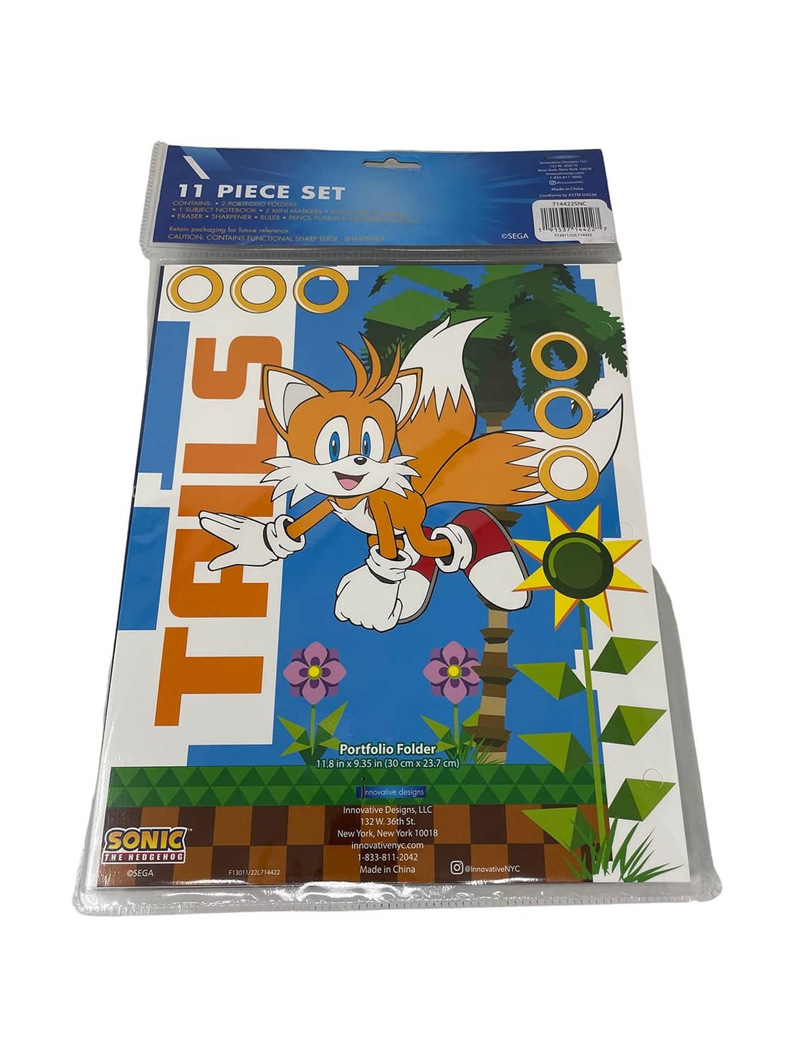 Sonic 11-piece kids backpack accessories set, portfolio folder and stationery shown on back