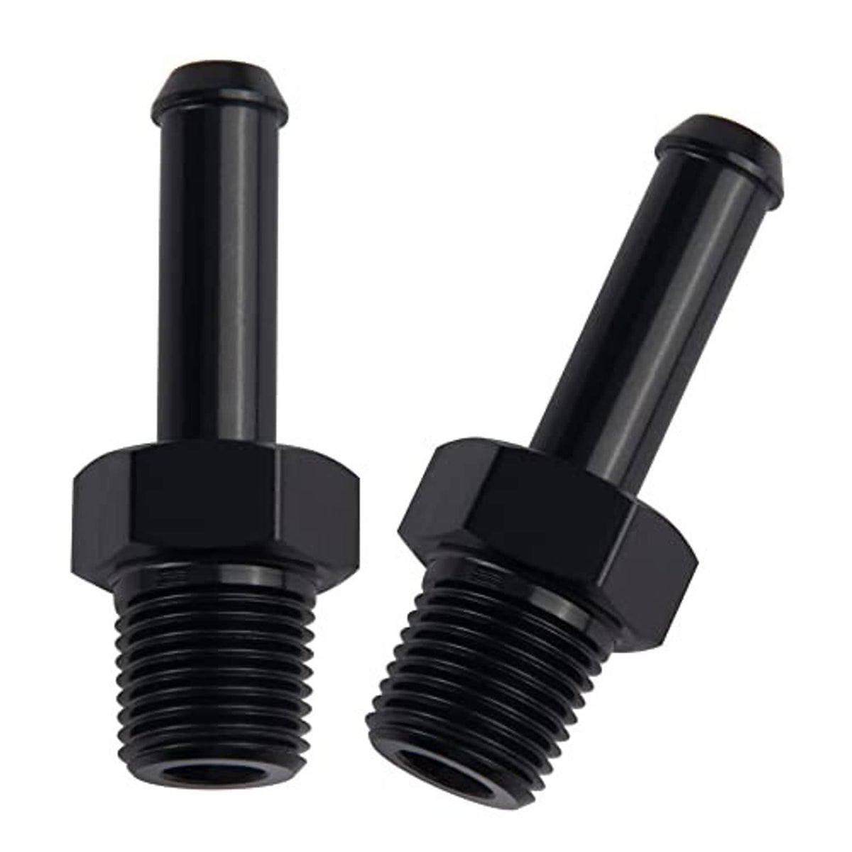 Straight black NPT-to-barb fitting adapter with male threads and barbed hose end