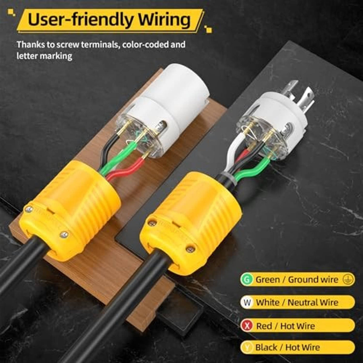 Wiring view of locking female plug terminals with green, white, red, and black wires.