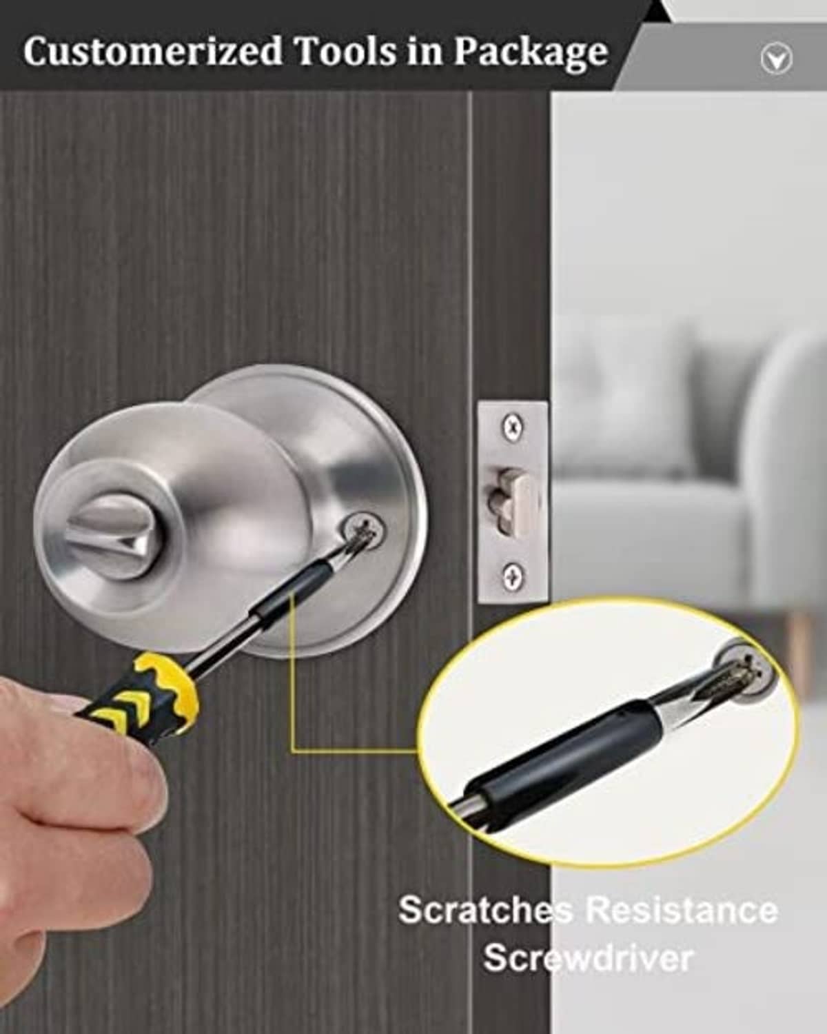 Deadbolt lockset with included screwdriver tool for installation and adjustment.