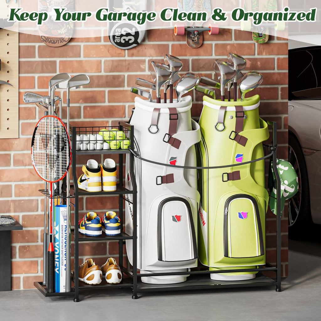 Golf bag storage organizer stand with white and lime green golf bags and storage shelves
