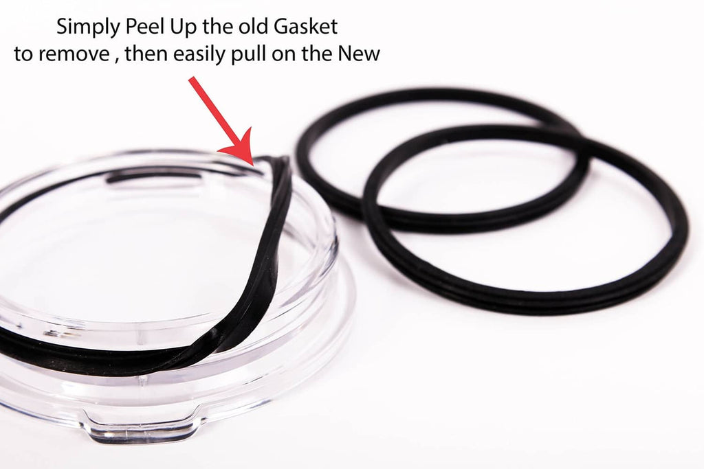 Black rubber gasket seal rings set beside a clear lid and tumbler top