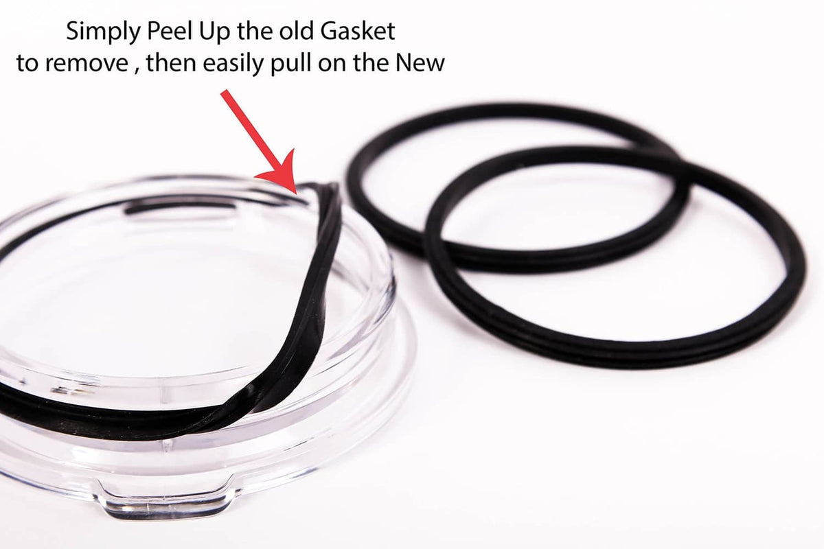 Black rubber gasket seal rings set beside a clear lid and tumbler top