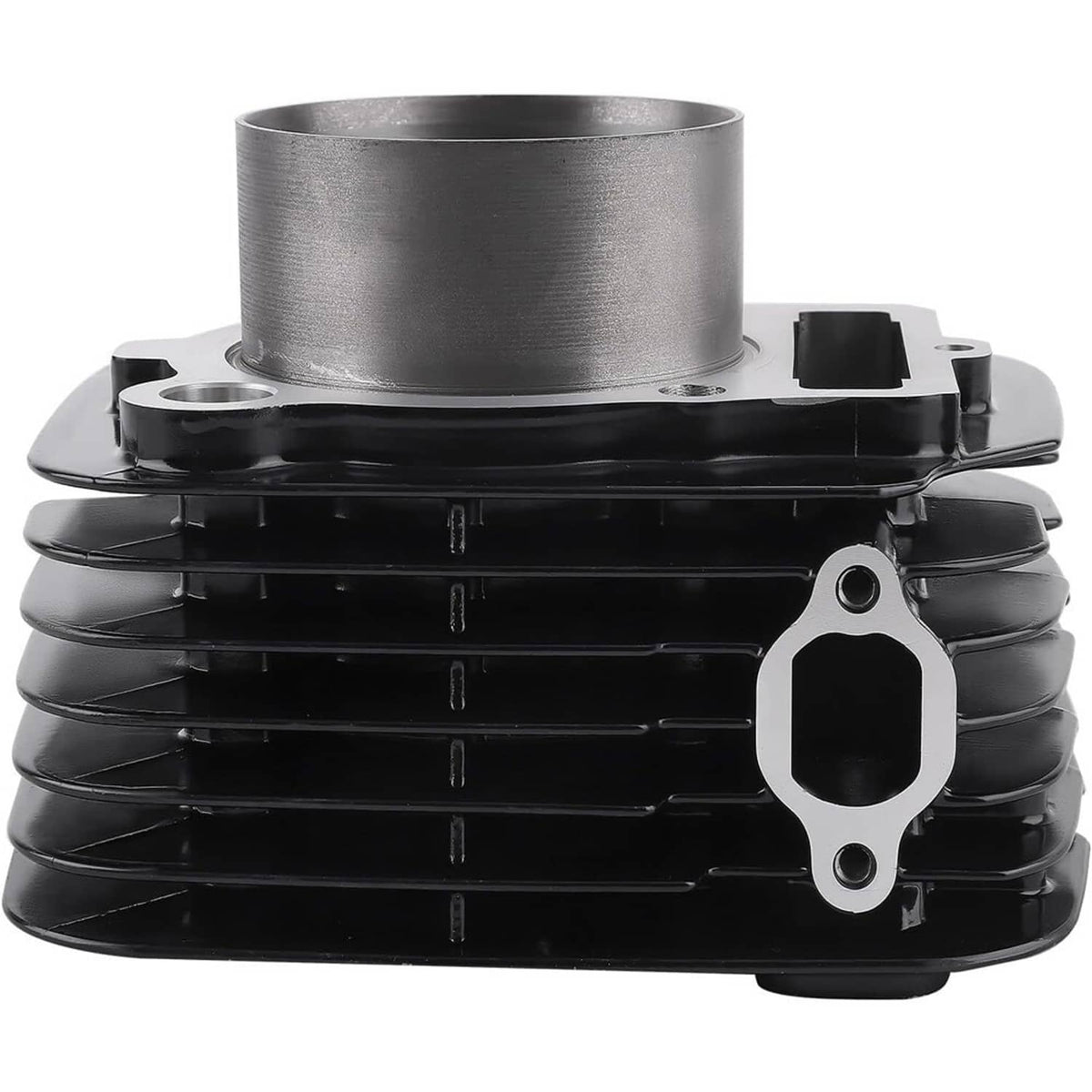 Black finned cylinder assembly with silver sleeve, mounting flange, and side opening