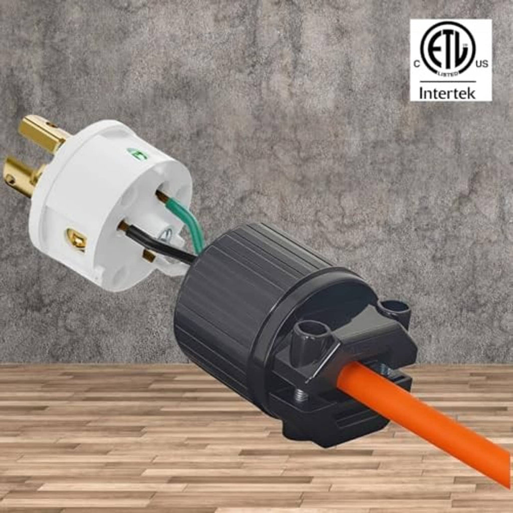 NEMA locking plug with cord, white plug end and black twist-lock housing