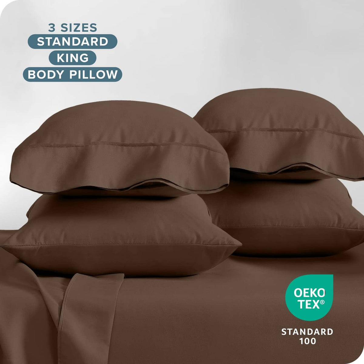 Cocoa brown microfiber pillowcases arranged as multiple sizes, OEKO-TEX Standard 100