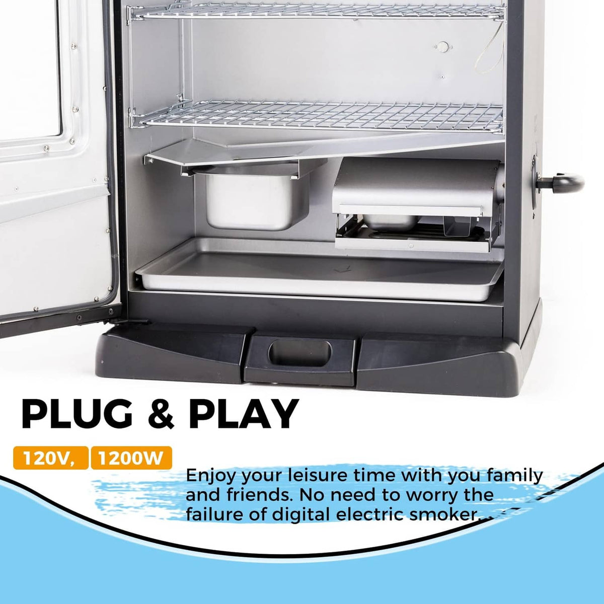Electric smoker door open with wire rack shelves and drip tray at bottom