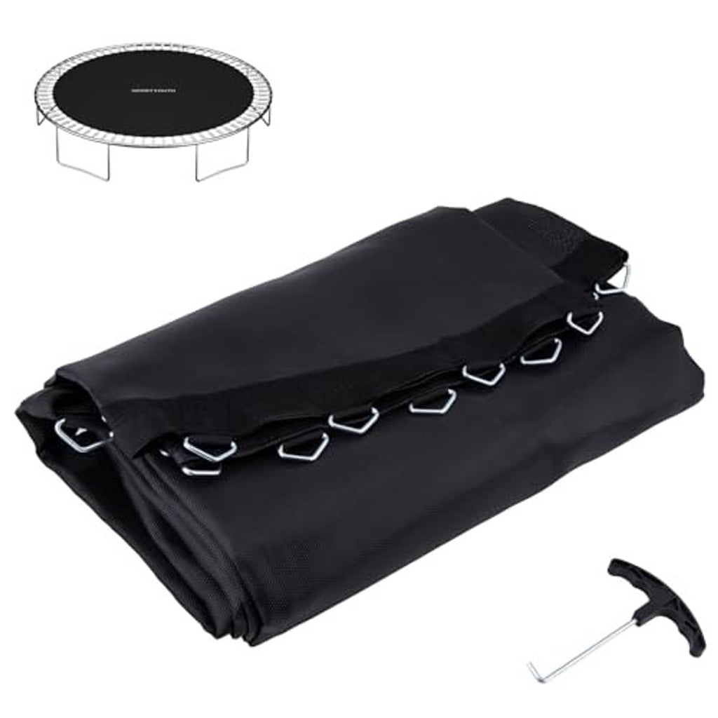 Black folded trampoline replacement mat with spring hooks and included installation tool