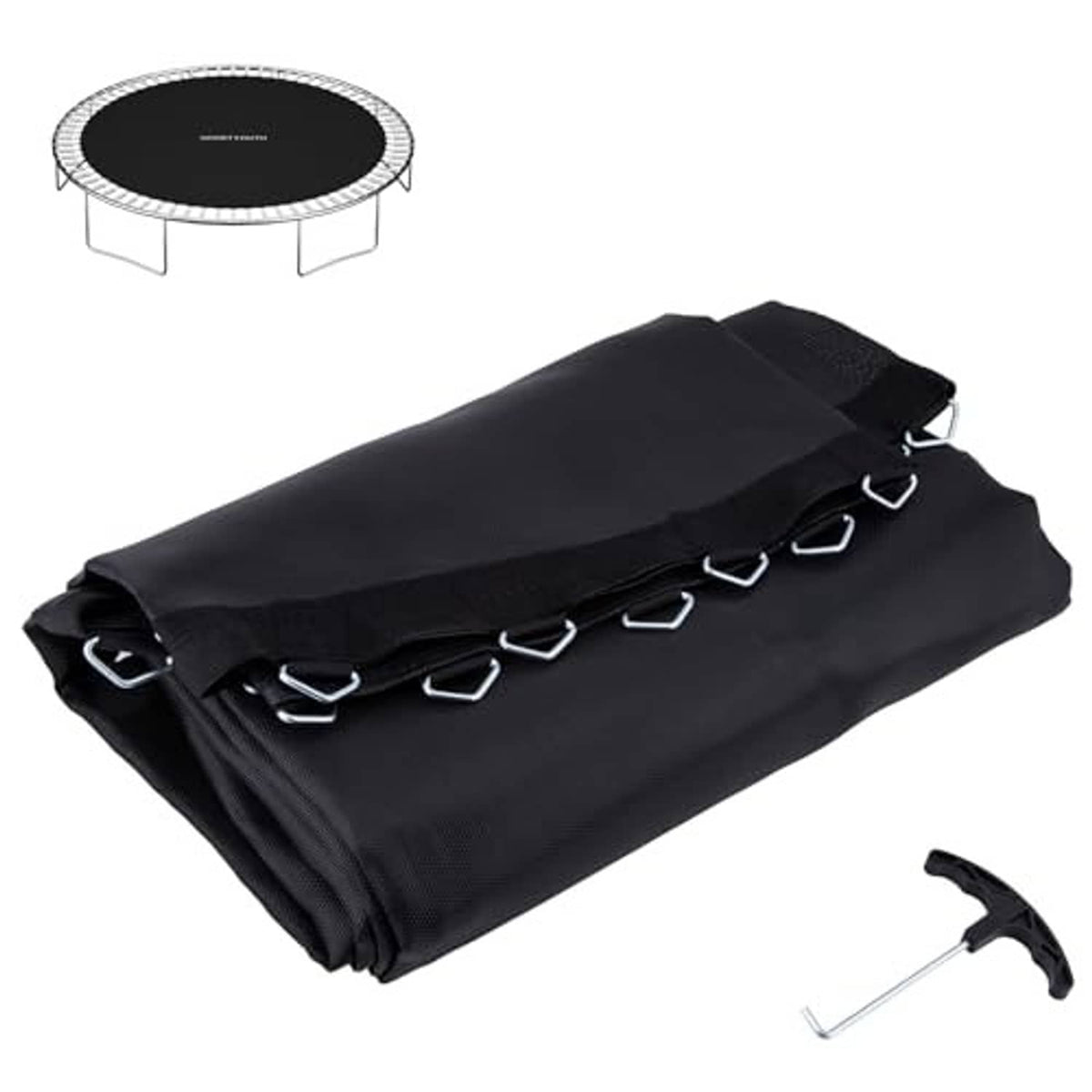 Black folded trampoline replacement mat with spring hooks and included installation tool