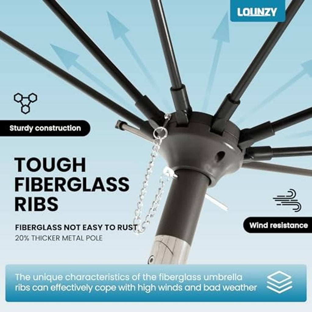 Patio umbrella with tough fiberglass ribs and central pole joint; sturdy construction