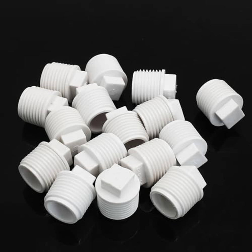 20-pack of white PVC male threaded end cap plugs, 1/2 inch, ribbed threaded finish